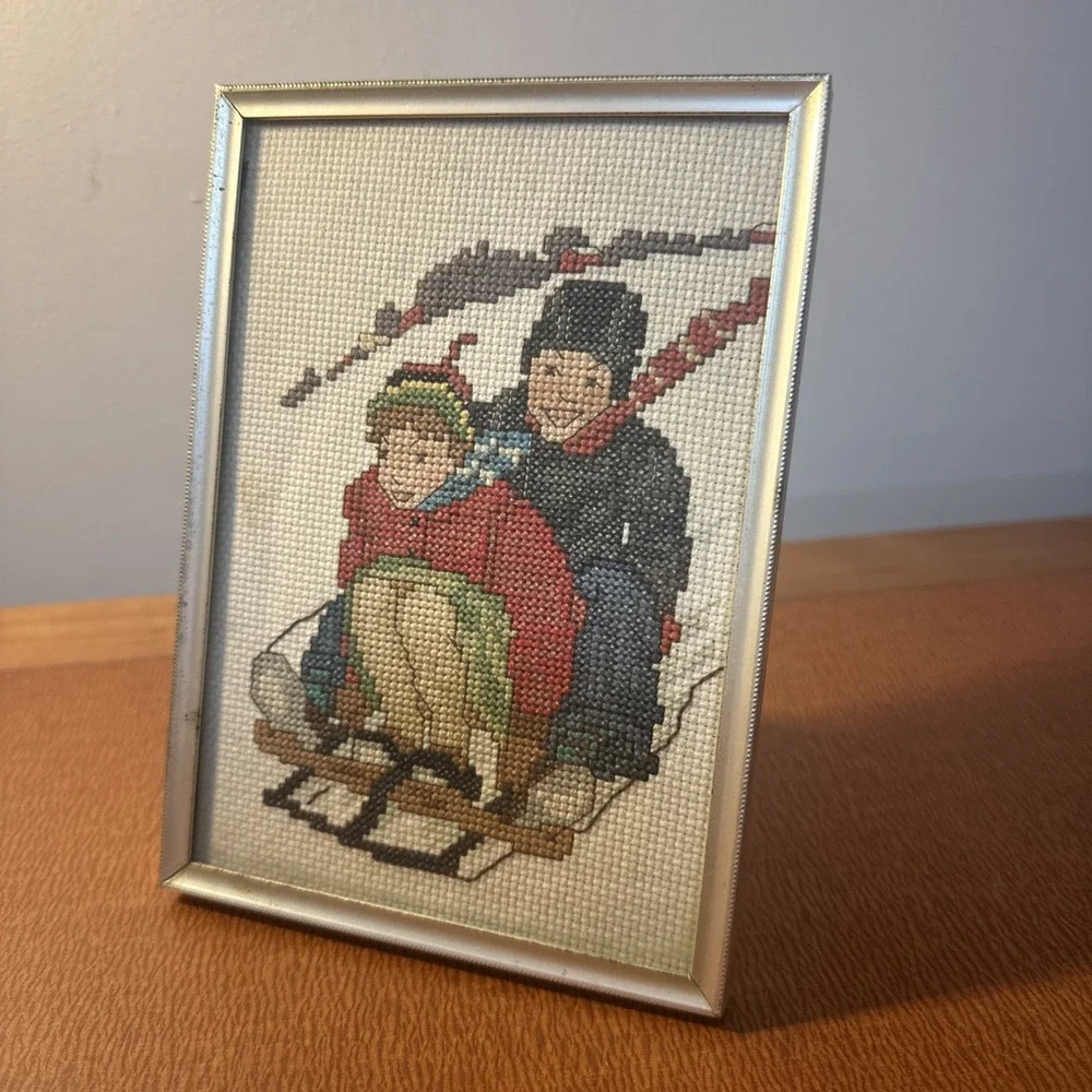 Vtg Crossstitch In Gold Grame Winter Holiday Sledding